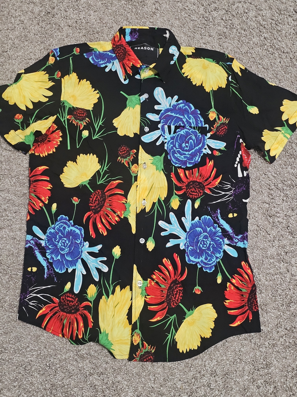 Floral & Panther Print Short Sleeve Shirt - Black